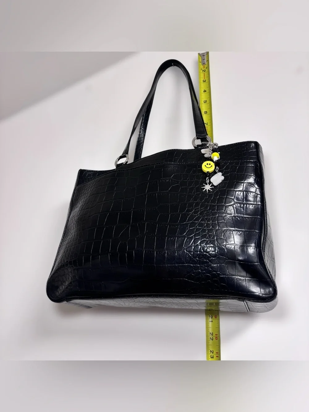 Vintage Black Croc-Embossed Patent Leather Tote Bag